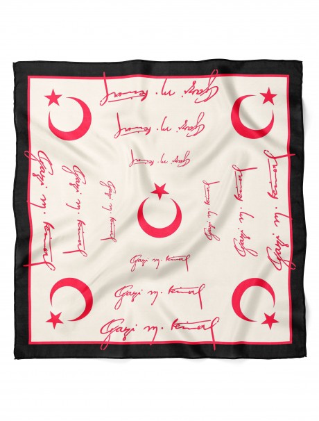 Atatürk İmza ve Ay Yıldız Desen Bandana Fular 50 x 50 Cm