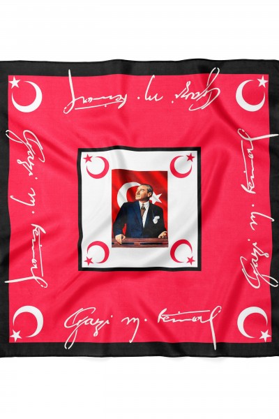 Atatürk İmza ve Ay Yıldız Desen Bandana Fular 50 x 50 Cm