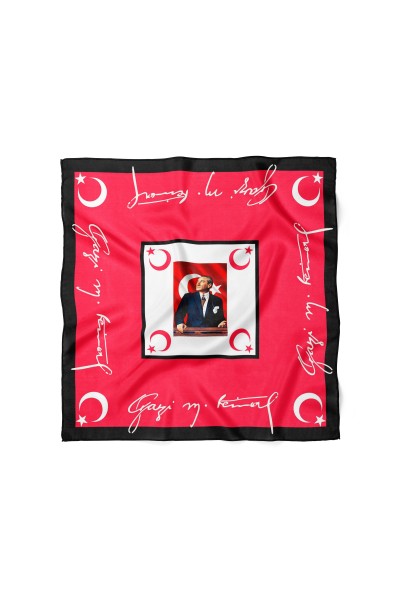 Atatürk İmza ve Ay Yıldız Desen Bandana Fular 50 x 50 Cm