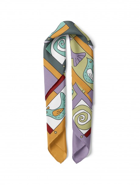 Modern Sanat İlhamlı Kuşlu Desen Fular Bandana 50x50 Cm
