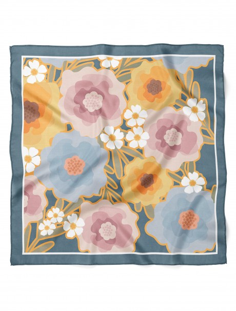 Pastel Bahar Çiçekleri Desen Fular Bandana 50x50 Cm
