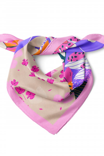 Renkli Çiçek Kolajı Desen Fular Bandana 50x50 Cm
