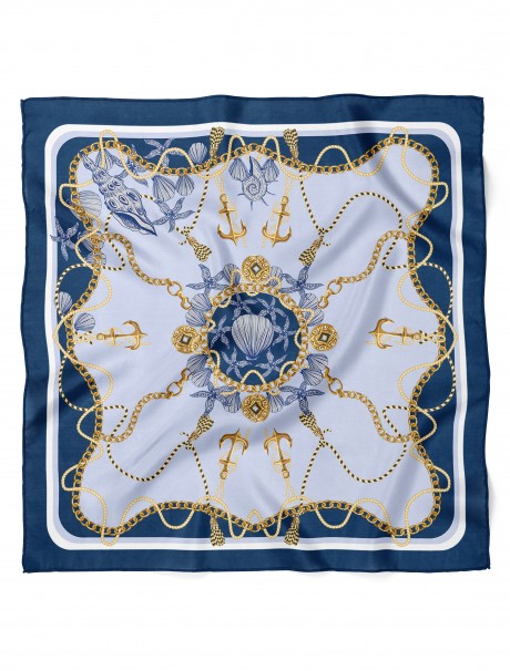 Altın Zincir & Deniz Motifleri Desen Fular Bandana 50x50 Cm