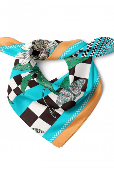 Tropikal Geometri & Saat Çiçeği Desen Fular Bandana 50x50 Cm