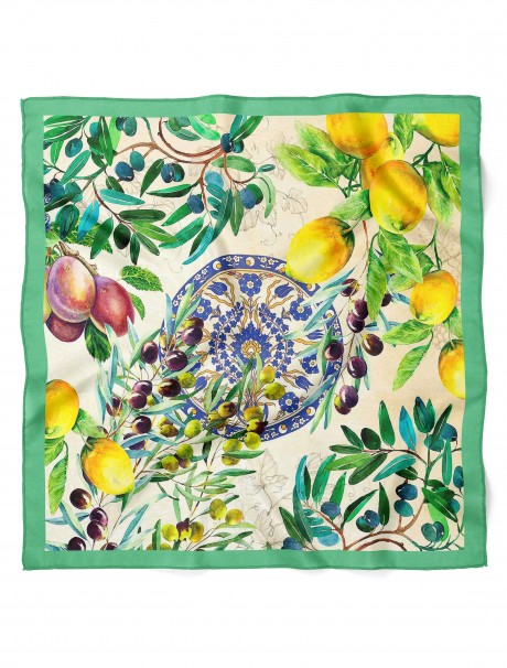 Akdeniz Bahçesi Limon, Zeytin ve Çini Desen Fular Bandana 50x50 Cm