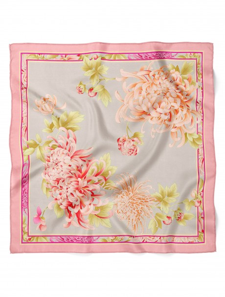 Pembe Krizantem Bahçesi Desen Fular Bandana 50x50 Cm