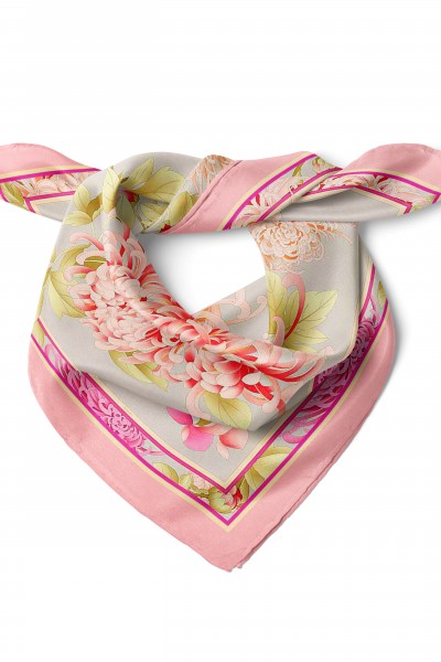 Pembe Krizantem Bahçesi Desen Fular Bandana 50x50 Cm
