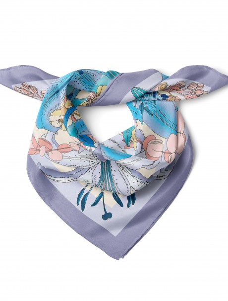 Mavi Lilyum Zarafeti Desen Fular Bandana 50x50 Cm