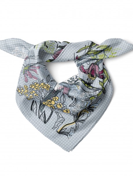 Çiçekler İçinde Kuş Desen Fular Bandana 50x50 Cm