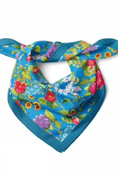 Mavi Bahar Bahçesi Desen Fular Bandana 50x50 Cm