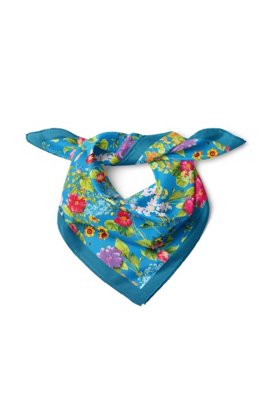 Mavi Bahar Bahçesi Desen Fular Bandana 50x50 Cm
