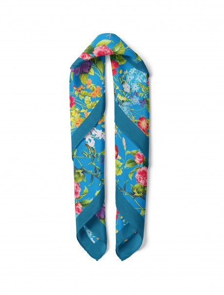 Mavi Bahar Bahçesi Desen Fular Bandana 50x50 Cm