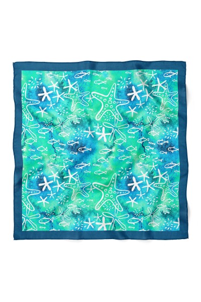 Deniz Yıldızı ve Balık Desen Fular Bandana 70x70 Cm