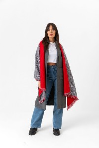 Çift Taraflı Ekoseli Yün Dokulu Atkı Şal