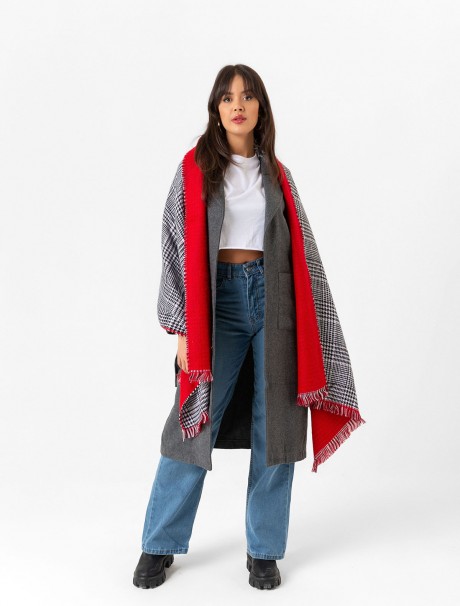 Çift Taraflı Ekoseli Yün Dokulu Atkı Şal