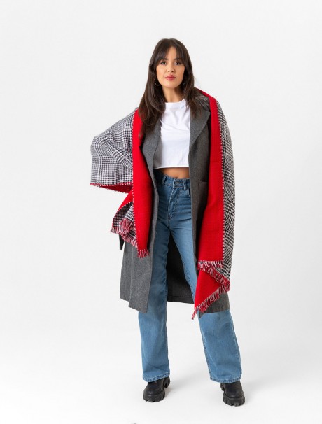 Çift Taraflı Ekoseli Yün Dokulu Atkı Şal
