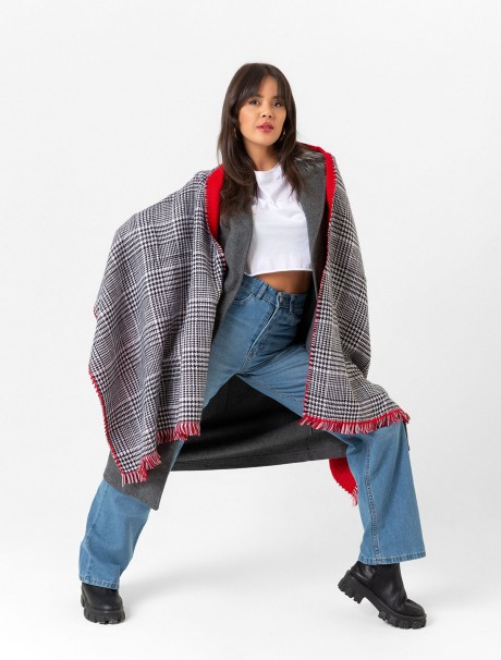 Çift Taraflı Ekoseli Yün Dokulu Atkı Şal