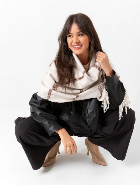 Kadın Buklet Şal - Kalın & Yün Çizgili Desen 180 x 60 Cm