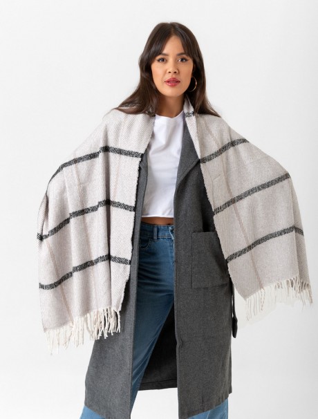 Kadın Buklet Şal - Kalın & Yün Çizgili Desen 180 x 60 Cm