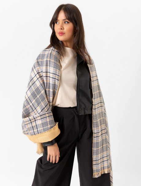 Çift Taraflı Ekoseli Yün Dokulu Atkı Şal