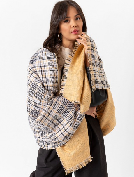 Çift Taraflı Ekoseli Yün Dokulu Atkı Şal