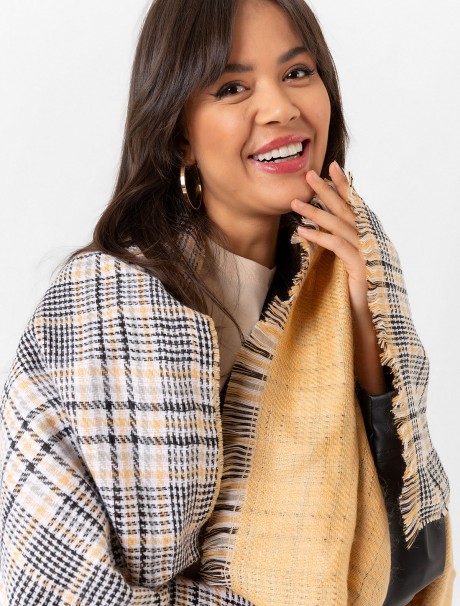 Çift Taraflı Ekoseli Yün Dokulu Atkı Şal