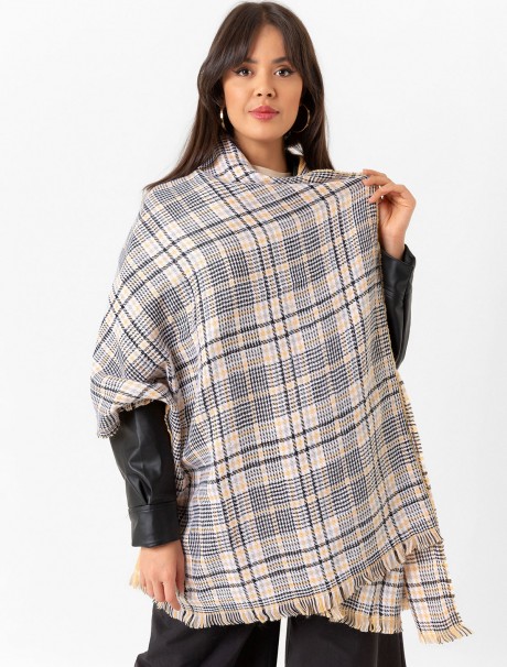 Çift Taraflı Ekoseli Yün Dokulu Atkı Şal