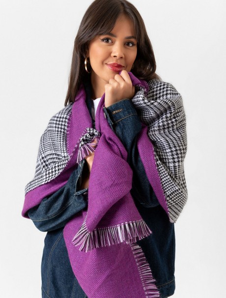 Çift Taraflı Ekoseli Yün Dokulu Atkı Şal