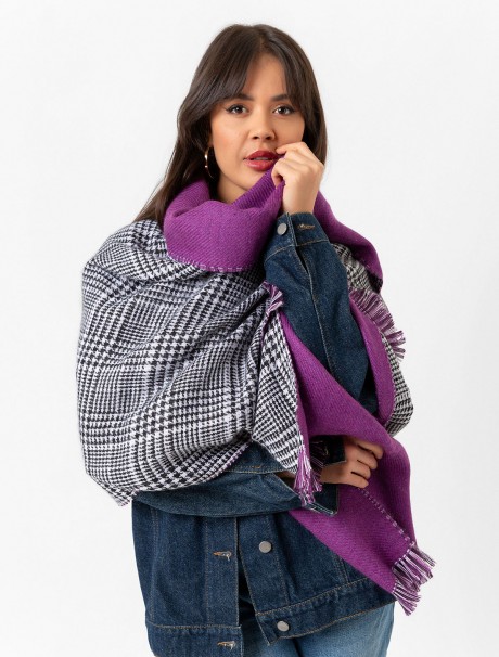 Çift Taraflı Ekoseli Yün Dokulu Atkı Şal