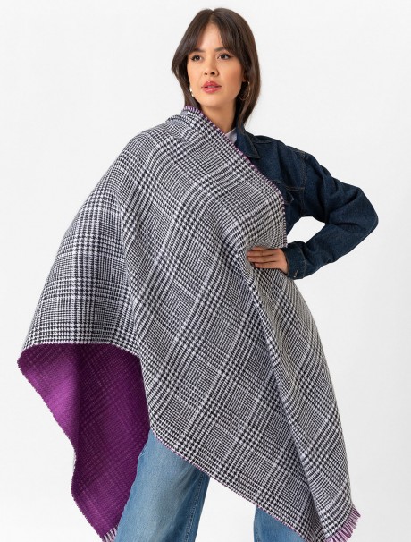 Çift Taraflı Ekoseli Yün Dokulu Atkı Şal