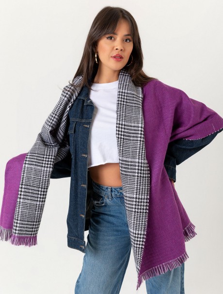 Çift Taraflı Ekoseli Yün Dokulu Atkı Şal