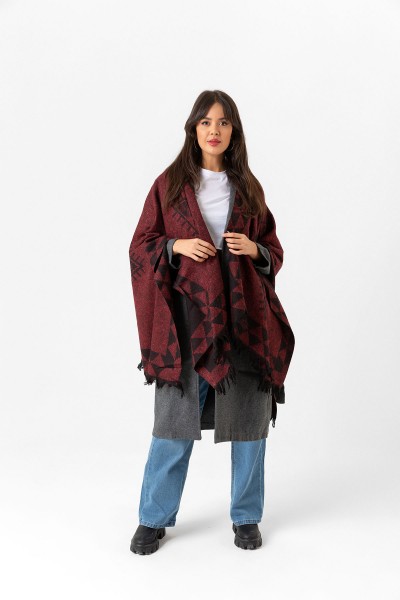 Çift Taraflı Omuz Şal Panço Desenli