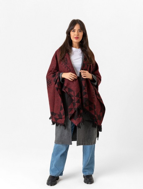 Çift Taraflı Omuz Şal Panço Desenli