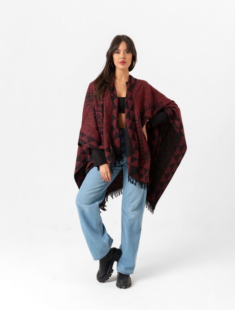 Çift Taraflı Omuz Şal Panço Desenli