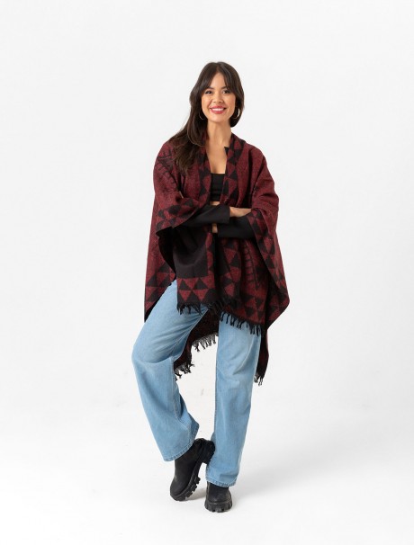 Çift Taraflı Omuz Şal Panço Desenli