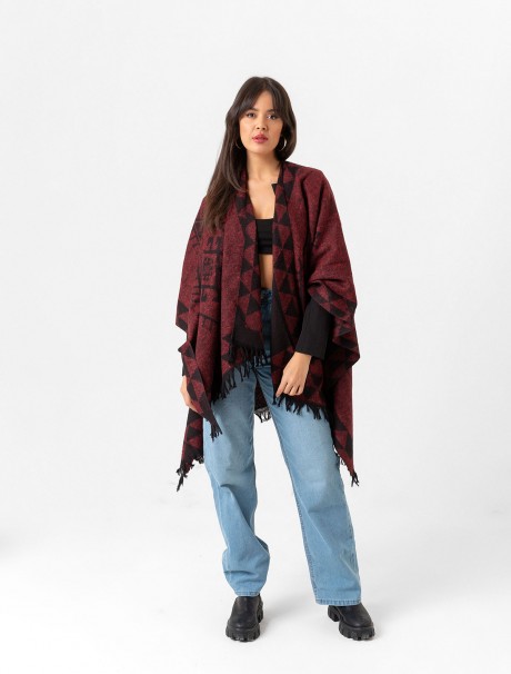 Çift Taraflı Omuz Şal Panço Desenli