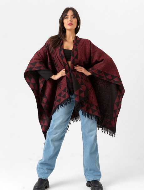 Çift Taraflı Omuz Şal Panço Desenli