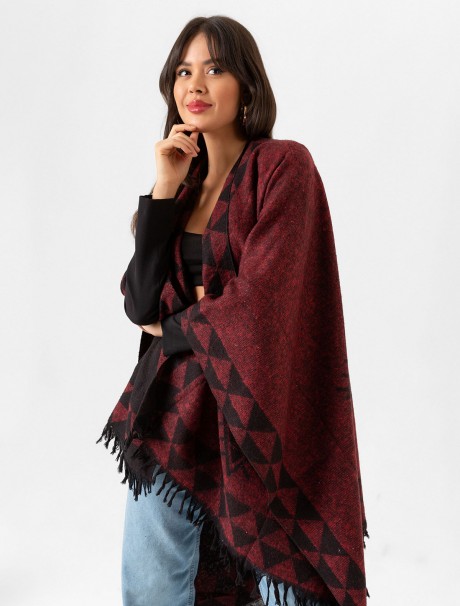 Çift Taraflı Omuz Şal Panço Desenli