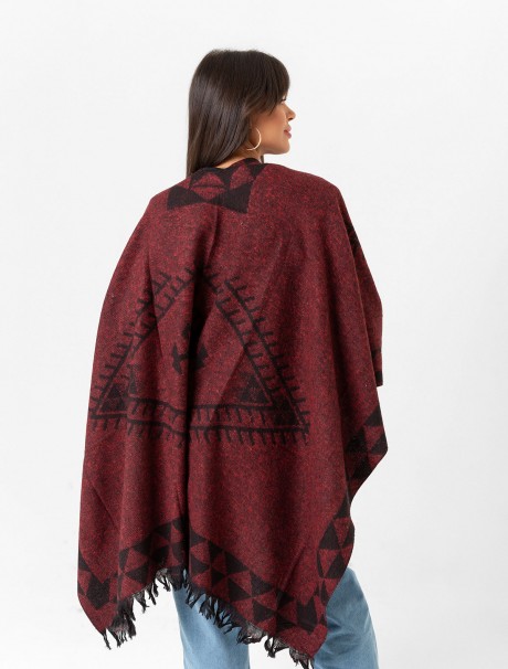 Çift Taraflı Omuz Şal Panço Desenli