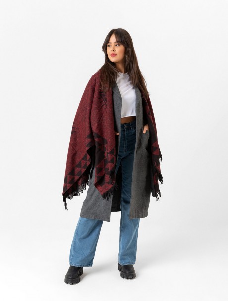 Çift Taraflı Omuz Şal Panço Desenli