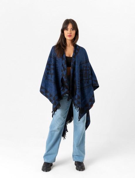 Çift Taraflı Omuz Şal Panço Desenli