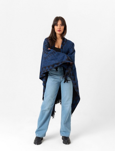 Çift Taraflı Omuz Şal Panço Desenli