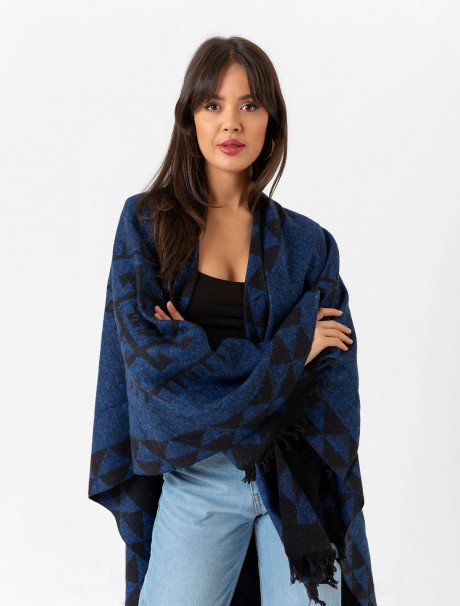 Çift Taraflı Omuz Şal Panço Desenli