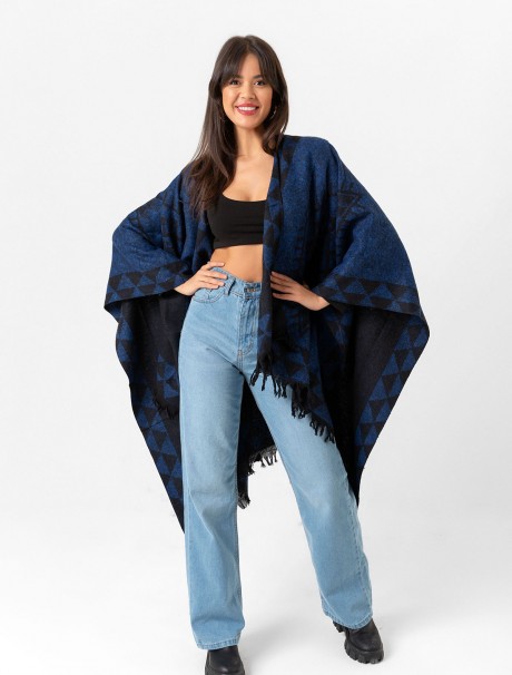 Çift Taraflı Omuz Şal Panço Desenli