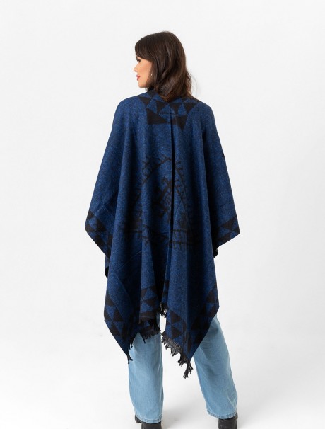 Çift Taraflı Omuz Şal Panço Desenli