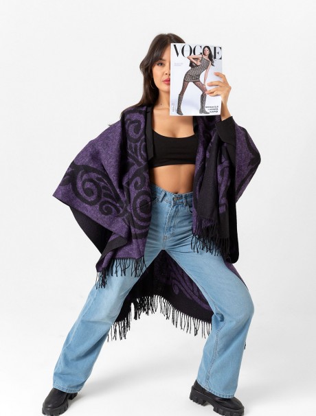 Çift Taraflı Omuz Şal Panço Desenli