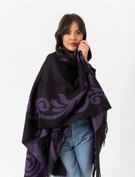 Çift Taraflı Omuz Şal Panço Desenli