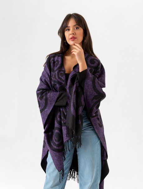 Çift Taraflı Omuz Şal Panço Desenli