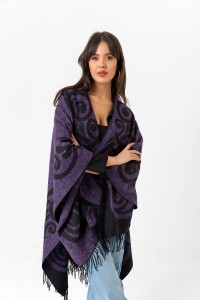 Çift Taraflı Omuz Şal Panço Desenli