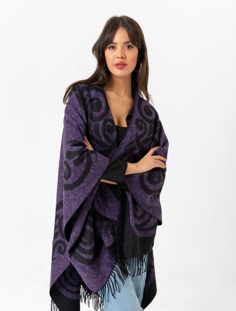 Çift Taraflı Omuz Şal Panço Desenli